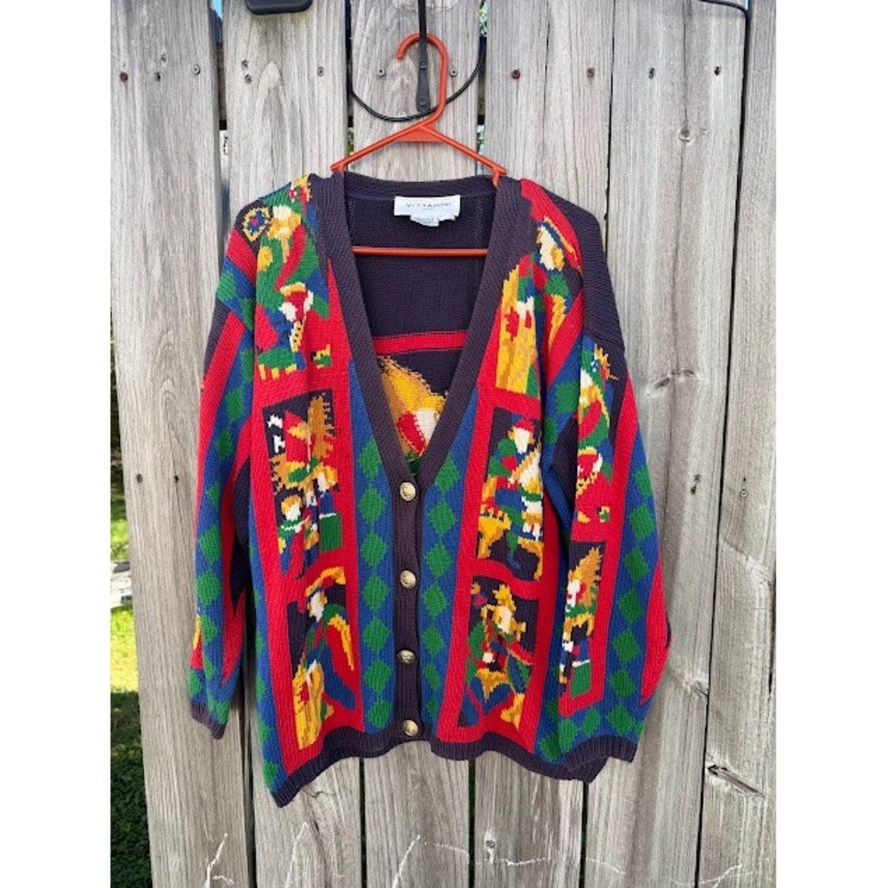 Vintage Grannycore Adrienne Vittadini Cardigan L Folk Art Intarsia Knit Flaws